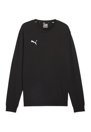 Sort Puma sweatshirt med lange ærmer, rund halsudskæring, ribstrikkede manchetter og kant samt hvidt Puma-logo på venstre bryst.