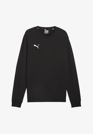 Zwarte Puma sweater met lange mouwen, ronde hals, geribde boorden en zoom, en wit Puma-logo op de linkerborst.