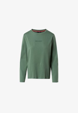 Camisa de manga larga de algodón verde apagado con un cuello redondo y el logotipo "NORTH SAILS" impreso en negro en el pecho.