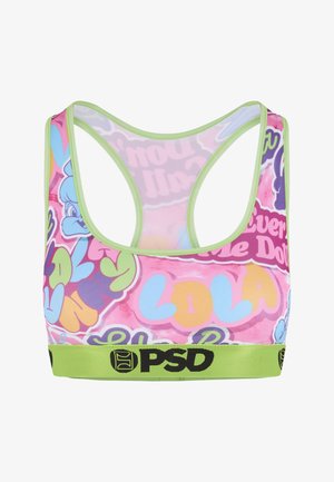 Colorful sports bra with a pink base, featuring multi-colored graphic designs and a green band with black "PSD" logo at the bottom.