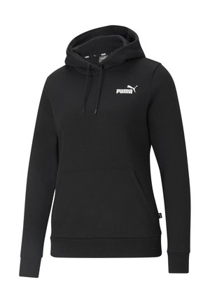 Sweat à capuche noir Puma avec poche avant, capuche réglable avec cordon et logo Puma blanc sur le côté gauche de la poitrine.