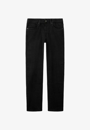 Jean en denim noir avec une coupe droite, comportant cinq poches, une fermeture à bouton et une texture lisse. Aucun motif ou accent visible.