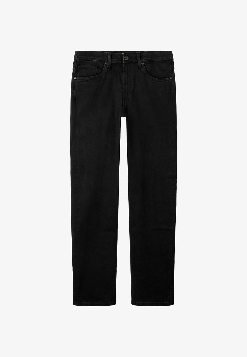 Jeans de mezclilla negra con un diseño de pierna recta, que cuentan con cinco bolsillos, un cierre de botón y una textura suave. Sin patrones o acentos visibles.