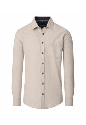 Beige Hemd mit langen Ärmeln, Knopfleiste und einer Brusttasche sowie dunklen Knöpfen. Das Hemd hat einen klassischen Kragen und einen subtil strukturierten Stoff.