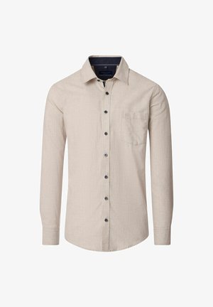 Beige overhemd met lange mouwen en knoopsluiting, voorzien van een enkel borstzakje en donkere knopen. Het shirt heeft een klassieke kraag en een subtiel textuur-stof.