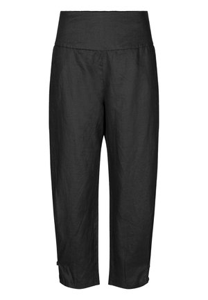 Zwarte linnen cropped broek met een hoge elastische tailleband, relaxte pasvorm en zijkantenopeningen aan de onderkant voor extra detail.