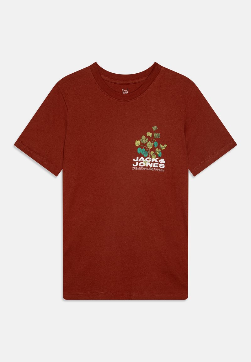 T-shirt de algodão cor ferrugem com mangas curtas. Apresenta um gráfico de folhas verdes e azuis com o texto "JACK & JONES" por baixo. Gola redonda.