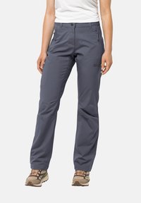 Gray outdoor pants made of lightweight fabric, featuring a straight-leg design, side pockets, and a secure waistband.