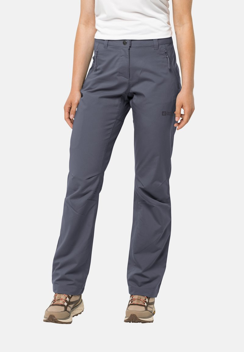 Gray outdoor pants made of lightweight fabric, featuring a straight-leg design, side pockets, and a secure waistband.