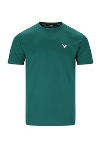 Grön kortärmad t-shirt i mjukt tyg. Har en rund halsringning och en liten vit logotyp på vänster bröst. Enkla linjer.