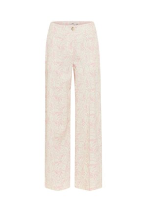 Wide-leg pants in pale pink and cream with a subtle leaf pattern, featuring a button closure and waistband.