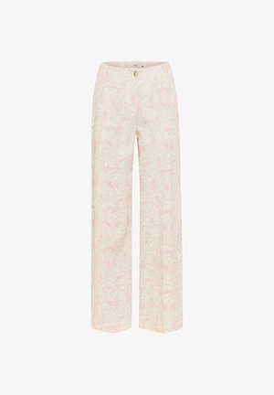 Weite Hosen in blassrosa und Creme mit einem dezenten Blattmuster, ausgestattet mit einem Knopfverschluss und einem Bund.