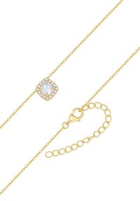 Guldkedjearmband med en fyrkantig kubisk zirkonia som mittpunkt, omgiven av mindre stenar och med en kräftklämma för stängning.