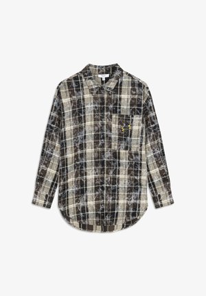 Braun-beige karierter Hemd mit langen Ärmeln, Knopfleiste und einer Brusttasche mit einem gelben Logo. Weicher Stoff mit lockerer Passform.