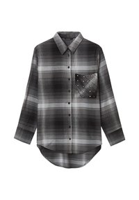 Schwarz-weiß kariertes Hemd mit durchgehender Knopfleiste, langen Ärmeln, abgerundetem Saum und einer Brusttasche mit Rautenmuster und Nietenverzierungen.