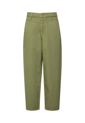 Olivgrüne, hoch taillierte Hose mit Knopf- und Reißverschluss vorne, Gürtelschlaufen und geraden, gekürzten Beinen.