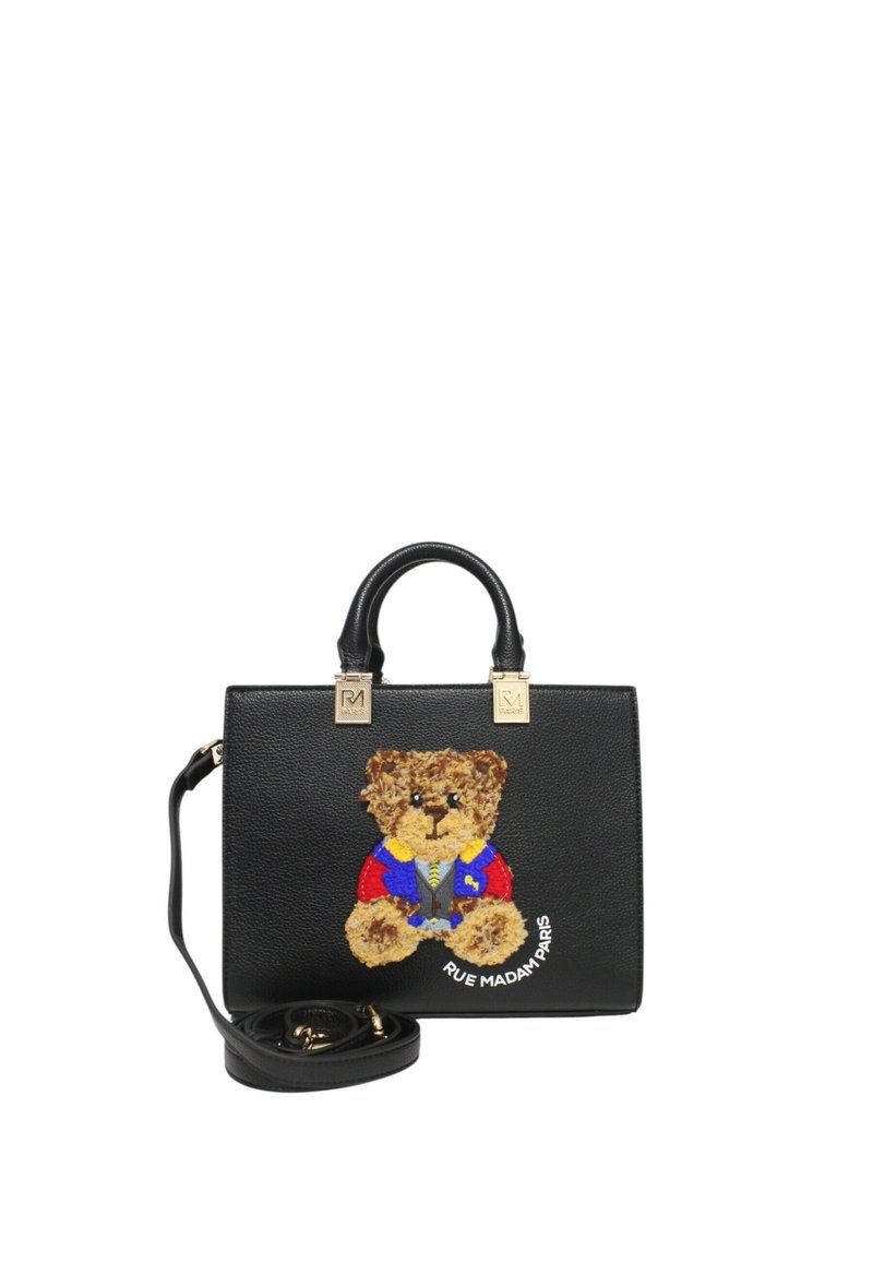 Borsa a mano in pelle nera con ricamo di un orsetto in abbigliamento colorato. Include manici doppi e una tracolla removibile.