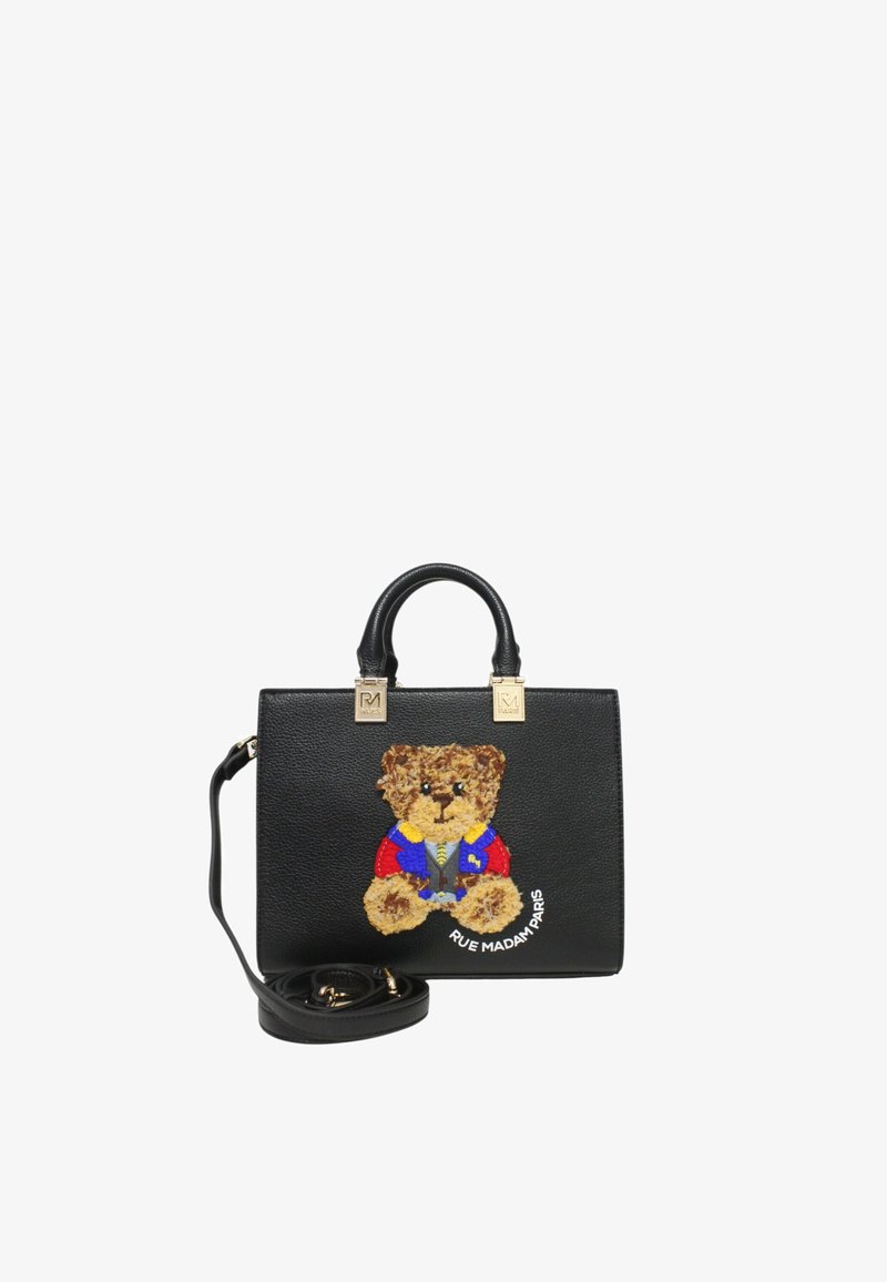 Borsa a mano in pelle nera con ricamo di un orsetto in abbigliamento colorato. Include manici doppi e una tracolla removibile.