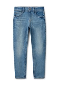 Vaqueros de denim azul con bolsillos frontales, cierre de botón, pasadores para cinturón y textura desgastada en los muslos y las rodillas.