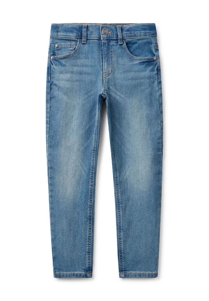 Vaqueros de denim azul con bolsillos frontales, cierre de botón, pasadores para cinturón y textura desgastada en los muslos y las rodillas.