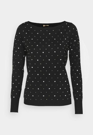 Black sweater with a wide neckline and long sleeves, adorned with scattered metallic and sequined dots for texture and detail.