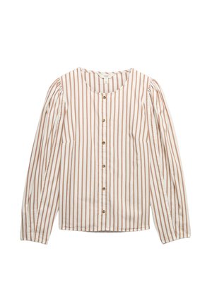 Wit overhemd met lange mouwen en knopen, ronde hals, met verticale lichtbruine strepen.