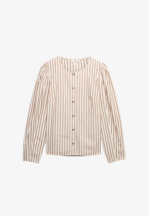 Camicia a maniche lunghe con bottoni, collo rotondo, sfondo bianco e strisce verticali marrone chiaro.