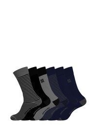 Ensemble de chaussettes pour hommes en noir, gris et bleu marine, avec des couleurs unies et des rayures. Le matériau est un mélange de coton avec un renfort au niveau des orteils et du talon.