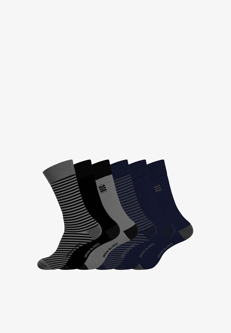 Ensemble de chaussettes pour hommes en noir, gris et bleu marine, avec des couleurs unies et des rayures. Le matériau est un mélange de coton avec un renfort au niveau des orteils et du talon.