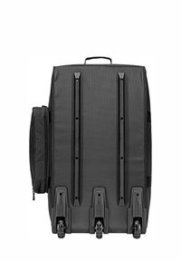 Black wheeled suitcase with a textured fabric exterior, featuring vertical ridges, a top handle, and two side wheels for mobility.
