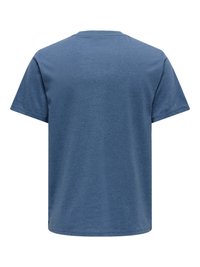 Μπλε βαμβακερό T-shirt με κοντά μανίκια, εμφανιζόμενο από πίσω, με στρογγυλή λαιμόκοψη και απλό, μοντέρνο σχέδιο.