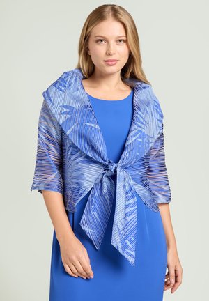 Donna bionda che indossa un vestito blu e uno scialle azzurro trasparente con motivi, annodato a fiocco sul davanti, in piedi davanti a uno sfondo semplice.