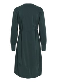 Dunkelgrünes, knielanges Kleid aus glattem Stoff. Verfügt über puffige lange Ärmel mit enganliegenden Manschetten und eine geraffte Taille. Einfaches, schlankes Design.