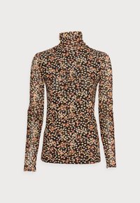 Maglietta a maniche lunghe con collo alto in tessuto trasparente, caratterizzata da uno sfondo nero con piccoli motivi floreali nei toni del rosa, giallo e bianco.