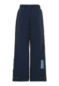 Granatowe ocieplane spodnie z elastycznym pasem, z jasnoniebieską łatą w kratę i zatrzaskami u dołu. Gładka, matowa struktura.