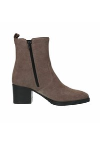 Bruine suède enkellaarsjes met een zijrits, een ronde neus en een stevige zwarte hak. Gladde textuur met een subtiele glans.