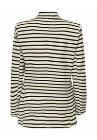 Blazer à rayures horizontales noires et blanches à manches longues, vu de dos, avec une coupe ajustée et un ourlet droit.