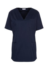 Maglia da scrub blu navy con scollatura a V, maniche corte, tasca sul petto e due tasche frontali. Realizzata in un tessuto liscio con una texture uniforme.