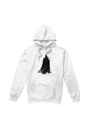 White hoodie with black graphic of a cloaked figure standing with birds flying around the lower part of the cloak.