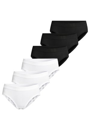 Drei schwarze und drei weiße Baumwollslips, angeordnet in zwei versetzten Reihen vor weißem Hintergrund.