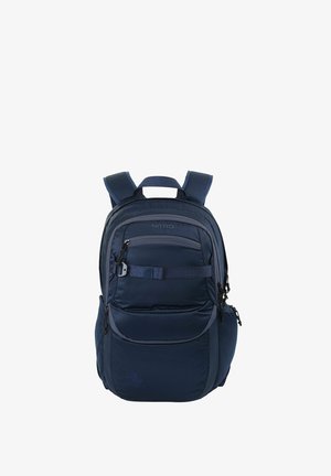 Marineblaue Umhängetasche mit gepolsterten Trägern, mehreren Reißverschlussfächern und einem stabilen Griff. Hergestellt aus strapazierfähigem Stoff mit glatter Textur.