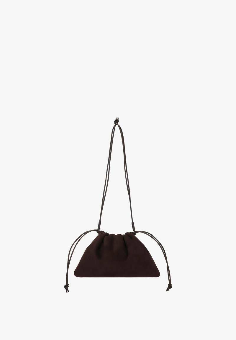 Brown suede drawstring bag with a triangular shape, featuring two adjustable straps and gathered top for secure closure.