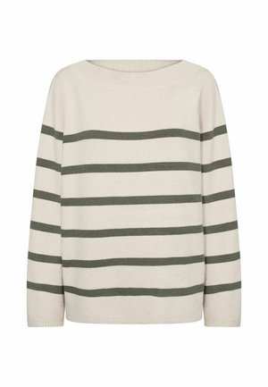 Krém színű pulóver zöld vízszintes csíkokkal, széles nyakkivágással és hosszú ujjal. Puha tapintás, laza szabás és bordás mandzsetták.
