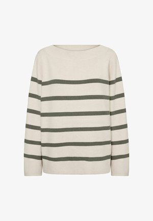 Cream sweater with green horizontal stripes, featuring a wide neckline and long sleeves. Soft texture, relaxed fit, and ribbed cuffs.