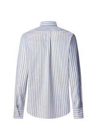 Camicia a maniche lunghe a righe con strisce verticali azzurre e gialle, colletto button-down e dettagli plissettati sul retro.