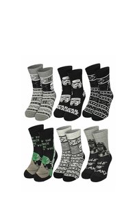 Sei paia di calzini caratterizzati da colori nero, grigio e verde, con vari motivi e grafiche, tra cui personaggi e testi tratti da Star Wars.