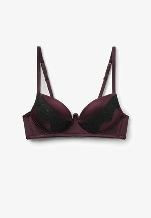 Bordeaux ondergoed met gladde satijnen cups, zwarte kantaccenten, verstelbare banden en gegolfde randen voor een naadloze uitstraling.