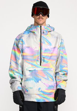 Veste légère et colorée arborant un motif abstrait irisé multicolore, avec une fermeture éclair à l'avant et une grande poche avant. Gants noirs inclus.