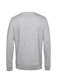 Sudadera gris, mezcla de algodón suave, cuello redondo, mangas largas, puños y dobladillo acanalados, diseño limpio sin logotipos ni patrones visibles.