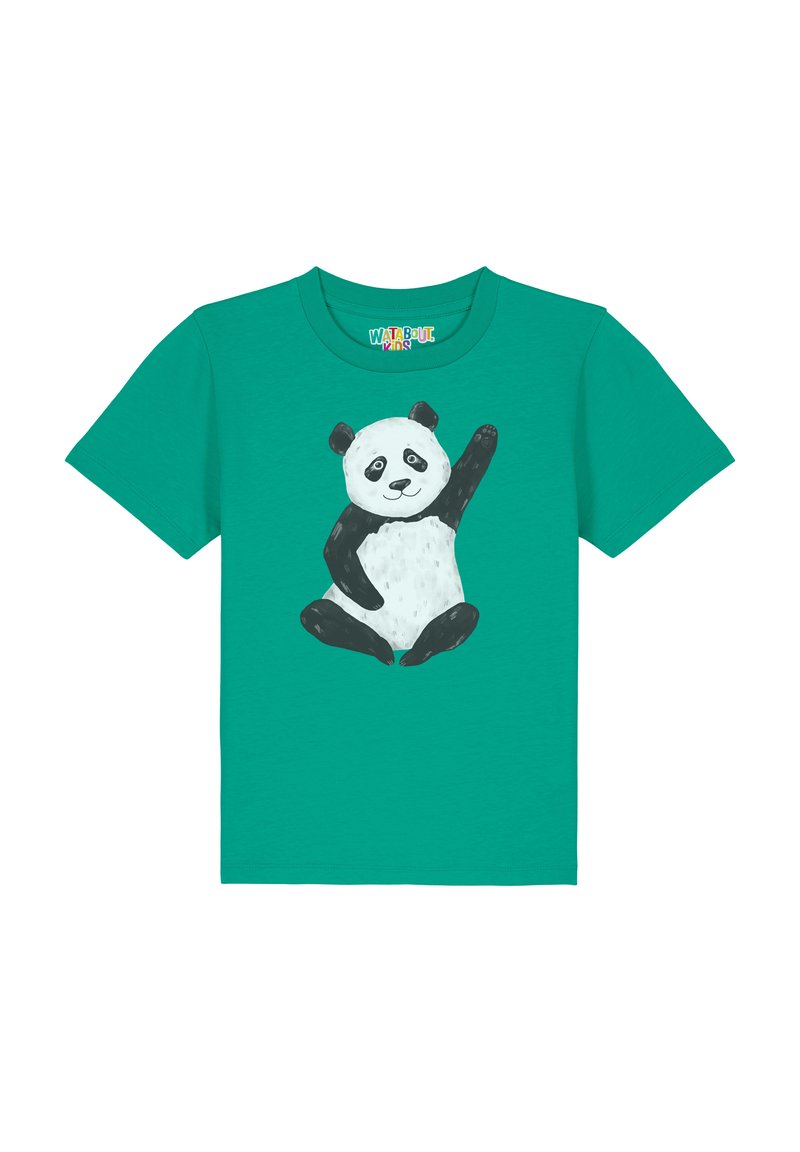 Teal T-shirt met een panda-illustratie, voornamelijk zwart-wit, met zijn arm omhoog. Gemaakt van zachte katoen, met korte mouwen.